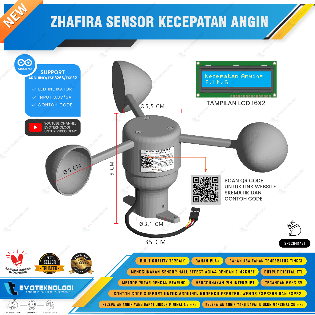 Evotechnology Wind Speed Sensor Anemometer Wind Speed Support Arduino ...