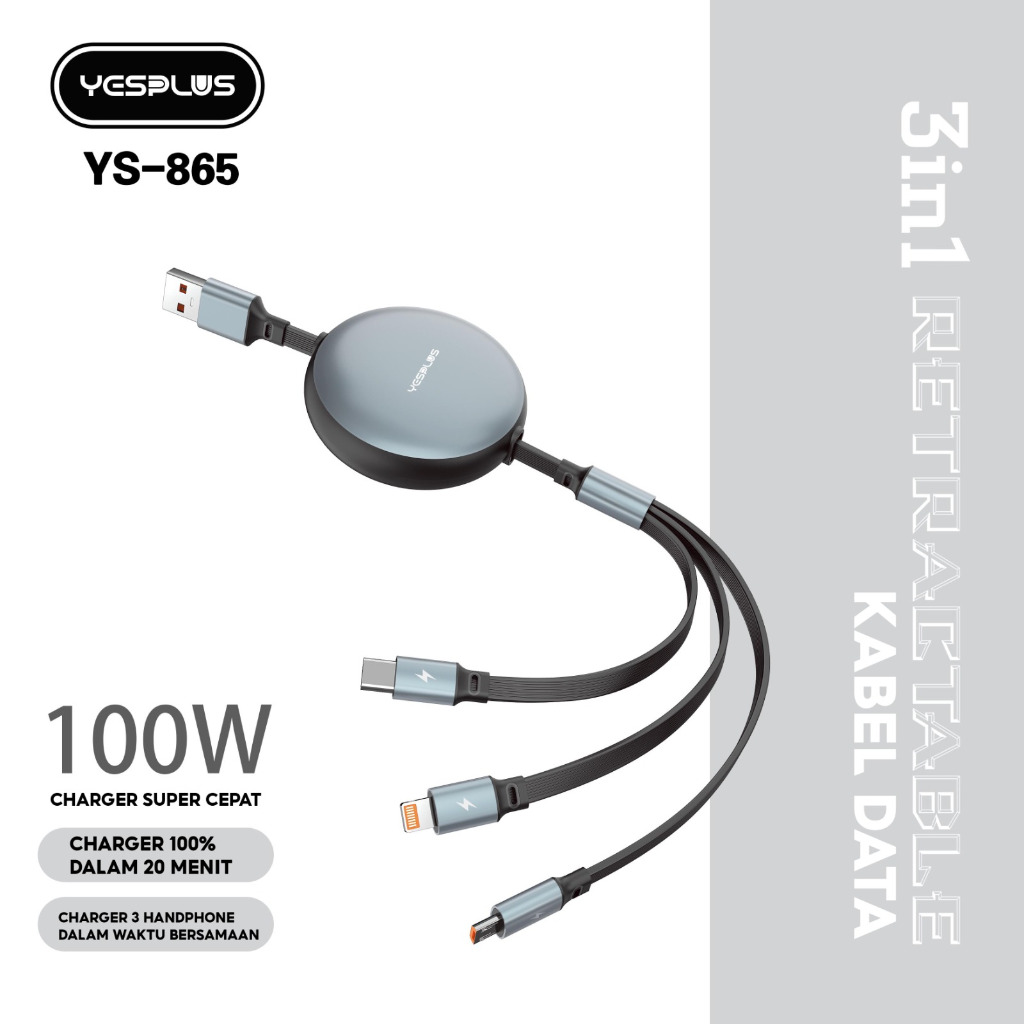 WAREHOUSE SALE YESPLUS YS-865 3IN1 RETRACTABLE DATA CABLE FAST CHARGING ...