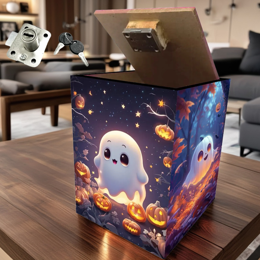 Cute aesthetic children's piggy bank with cute ghost image with a lock ...