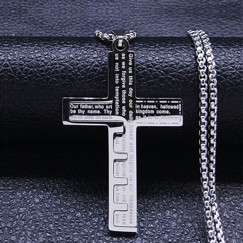 Solid 10k White Gold Our Father Prayer Cross Pendant - Lord's Prayer Necklace