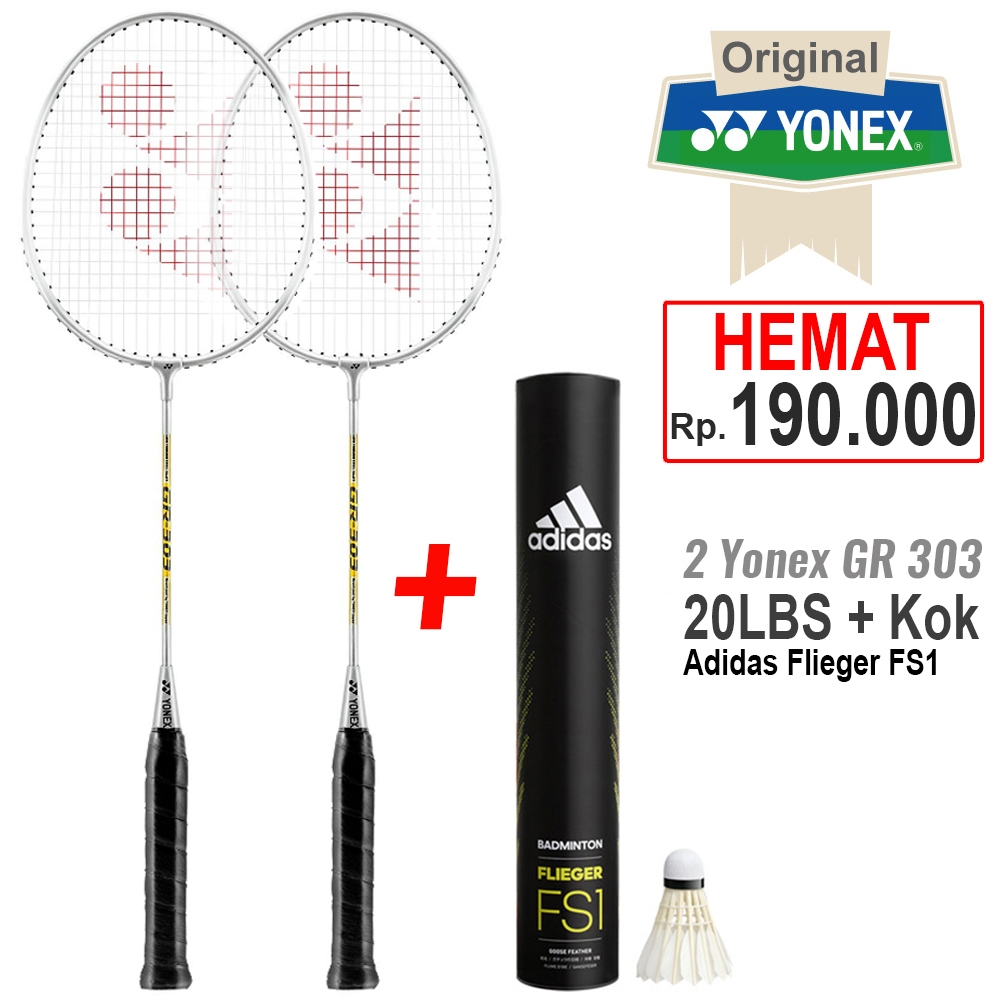 Package of 2 Yonex Gr 303 Silver Badminton Rackets and Adidas Flieger ...