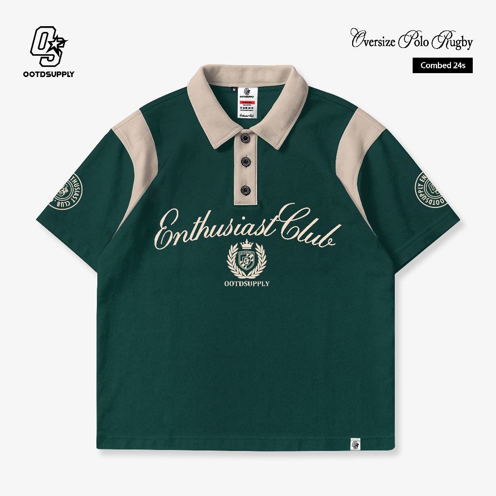 OOTDSUPPLY Oversize Rugby Polo Shirt Ivory Combination Green Mocca | PS ...