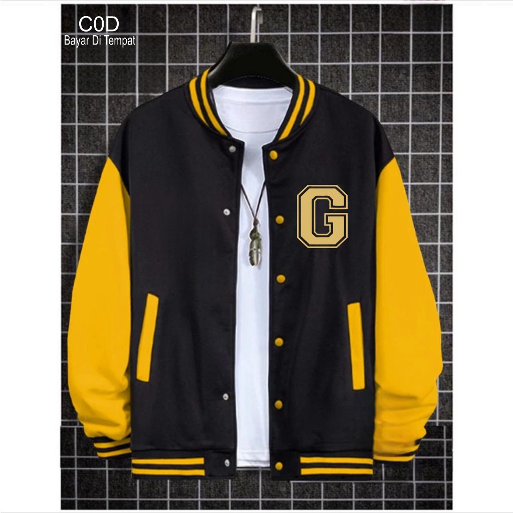 Men's Varsity Baseball Jacket Button FONT G GOLD Premium Button ...