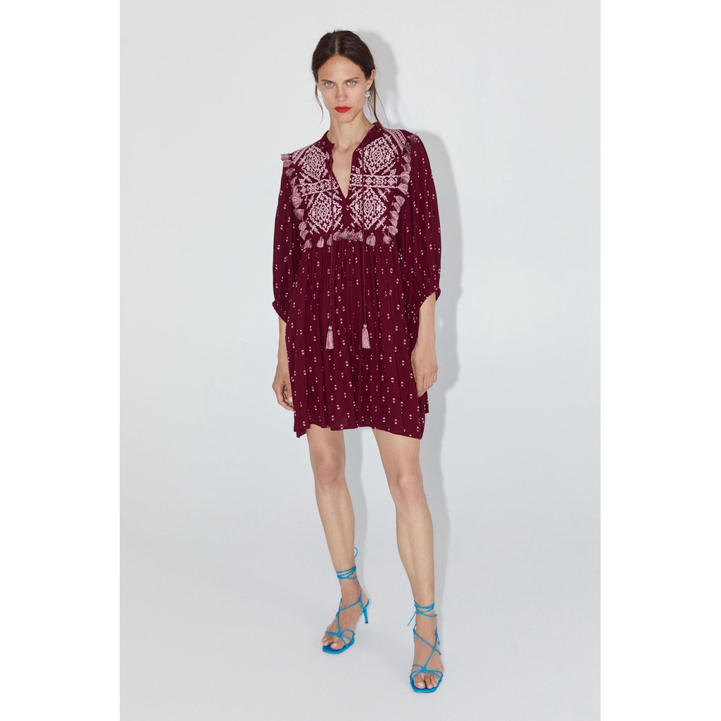 ZARA - Embroidered Dress With Fringe Size M | Shopee Philippines