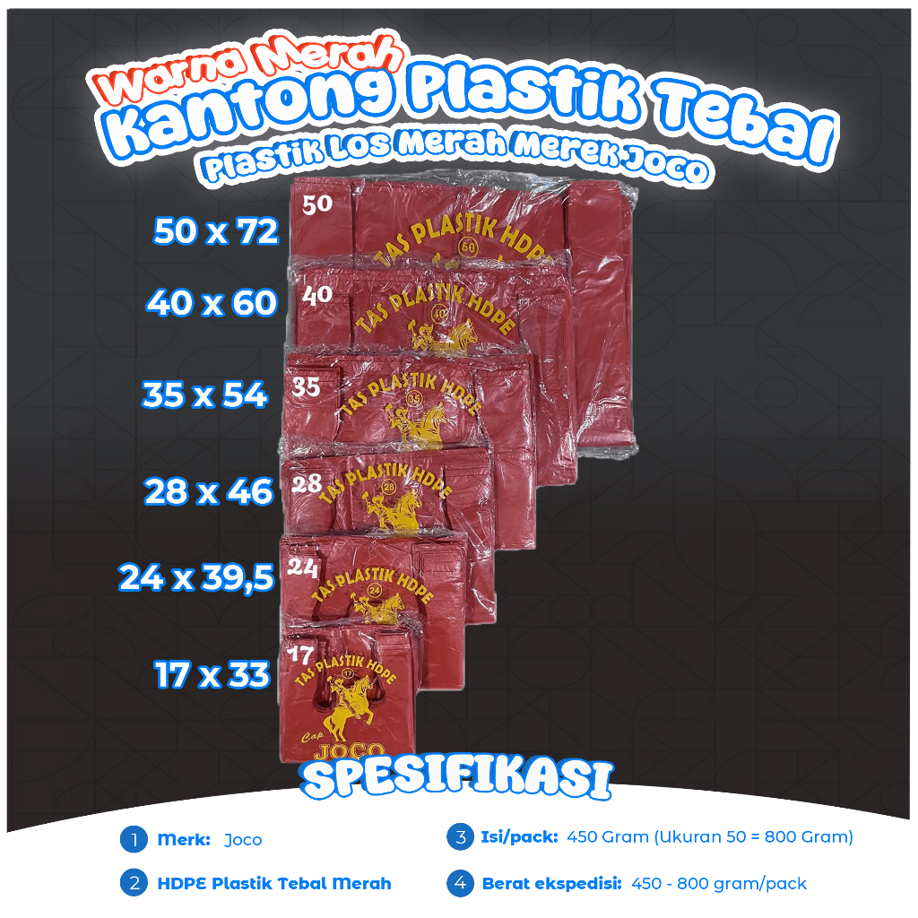 MERAH JOCO Red Clear Plastic Bags Sizes 17, 24, 28, 35, 40 Contents 450 ...