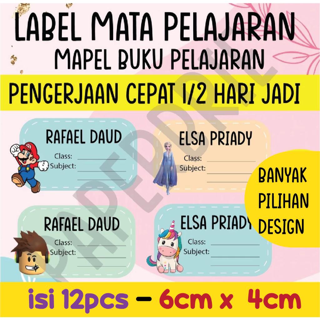 MATA [Choose Motif] Custom School Book Name Stickers – Subject, Subject ...