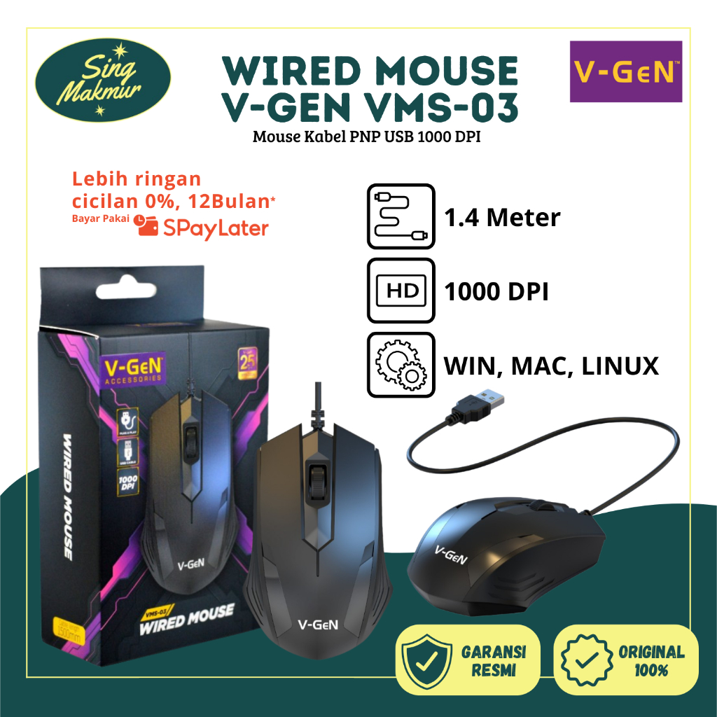 Wired Mouse V-GeN VMS-03 Cyber Design 1000 DPI Mouse Cable PNP USB ...