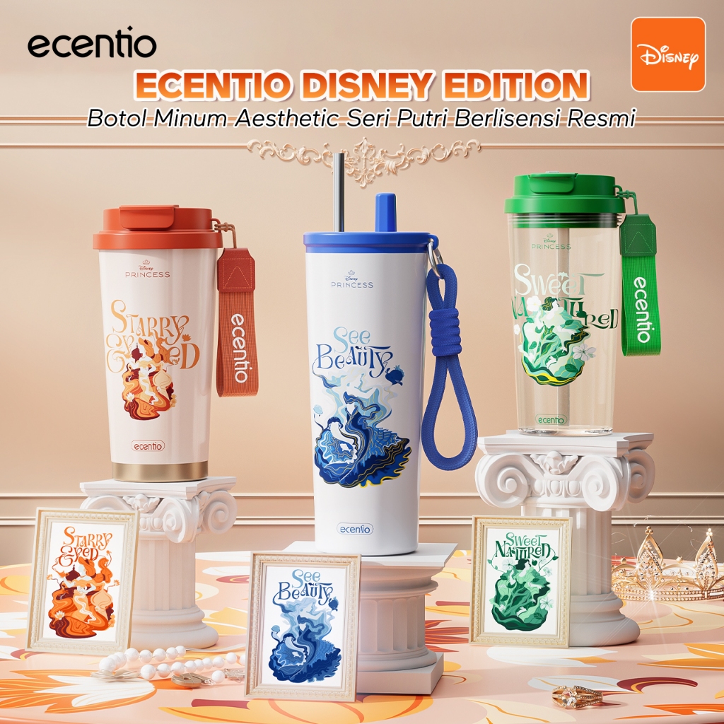 Ecentio Disney Princess Series | Aesthetic Stainless & Plastic Drinking ...