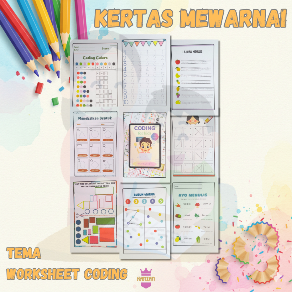 50 Sheets of Children's Coloring Paper with WORKSHEET CODING Theme ...