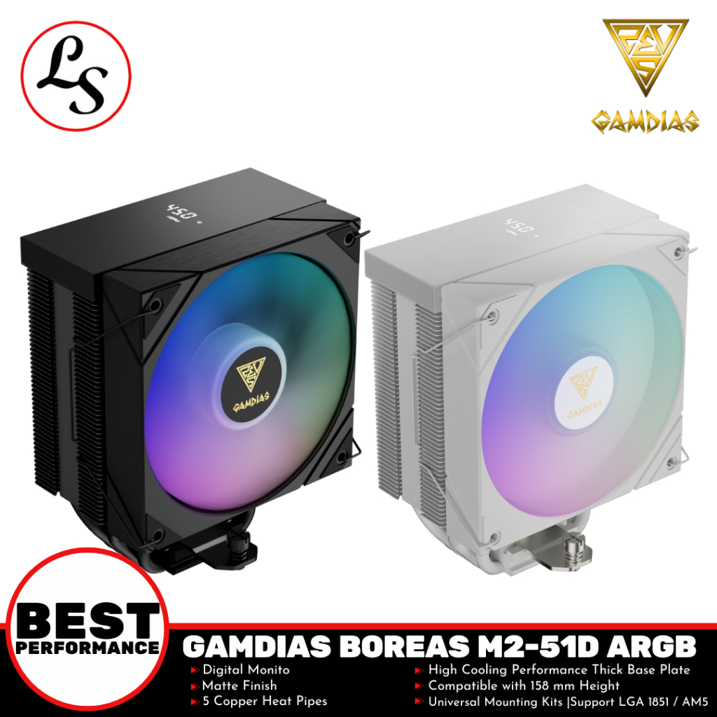 GAMDIAS CPU COOLER Boreas M2 51D Air Cooling ARGB With Digital Display ...