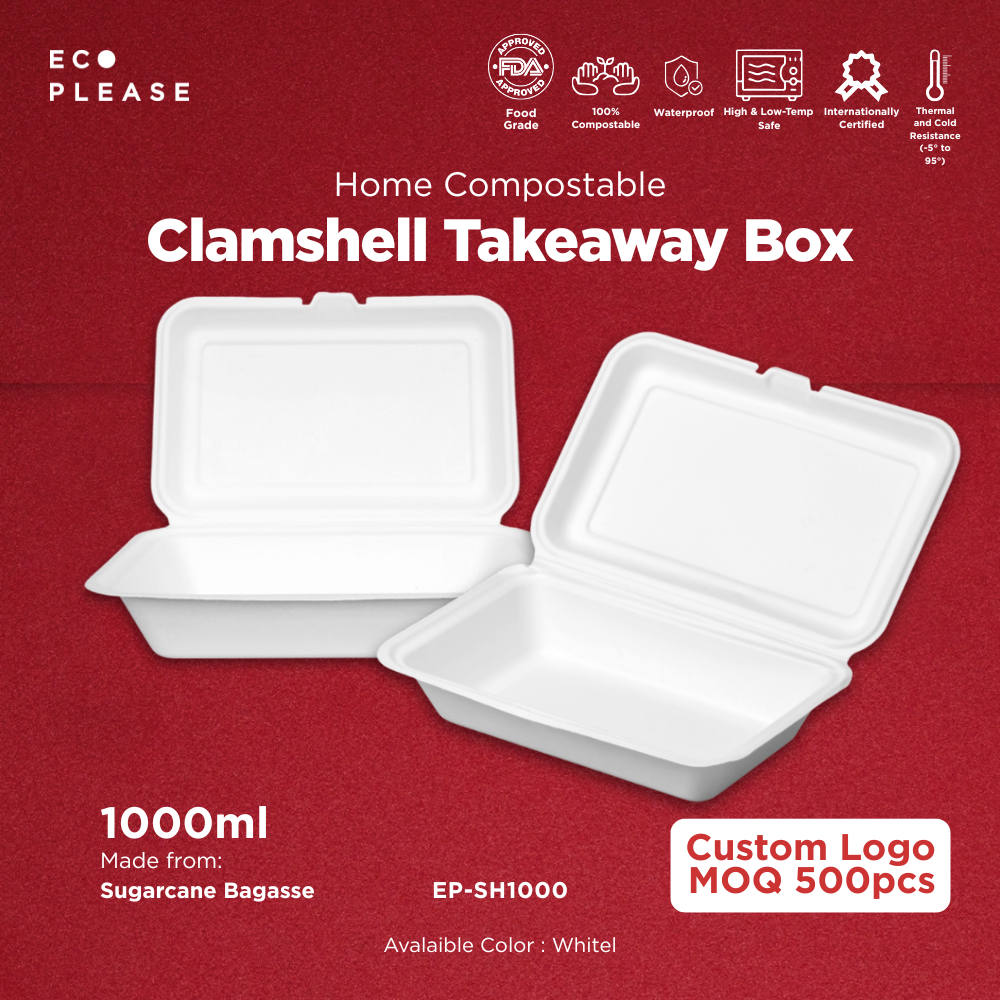 Ecoplease 1000ml Sugarcane Bagasse Clamshell Takeaway Box Home ...