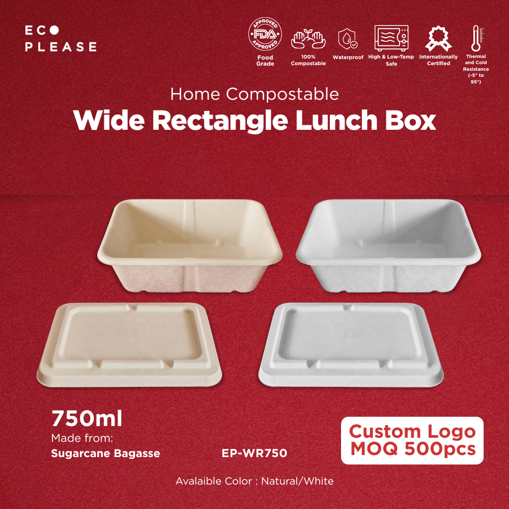 50pcs Ecoplease 750ml Bagasse Wide Square Lunch Box + Lid Home ...