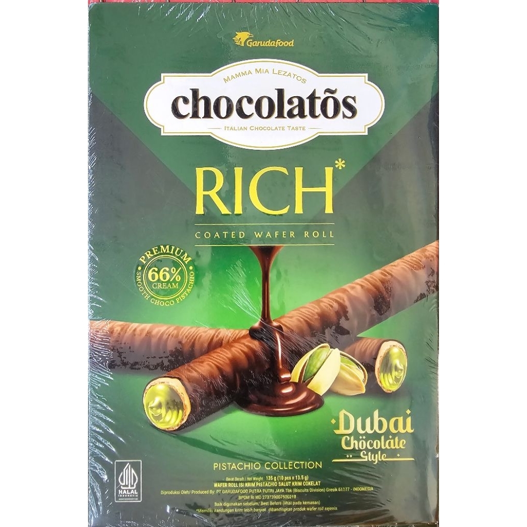 Chocolatos Wafer Roll Rich Dubai Chocolate Pistachio 135g Box (10 pcs ...
