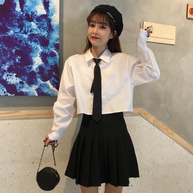 croptop White shirt female student Korean style loose long-sleeved ...