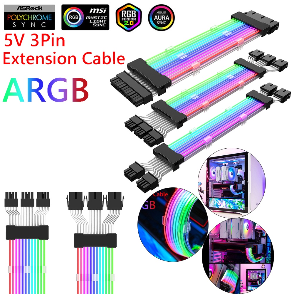 ARGB PSU Power Supply Extension Cable ATX 24Pin PCIe GPU Dual Triple Cord Motherboard Extension