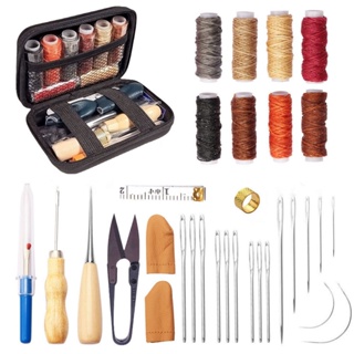 Fitup 1Set Leather Craft Tool Repair Kit Leather Hand Sewing Needles Thread Stitching Leather Craft Sewing Supplies, Brown