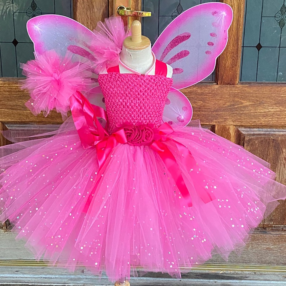 Girls Hot Pink Glitter Flower Tutu Dress Kids Butterfly Fairy Dresses ...