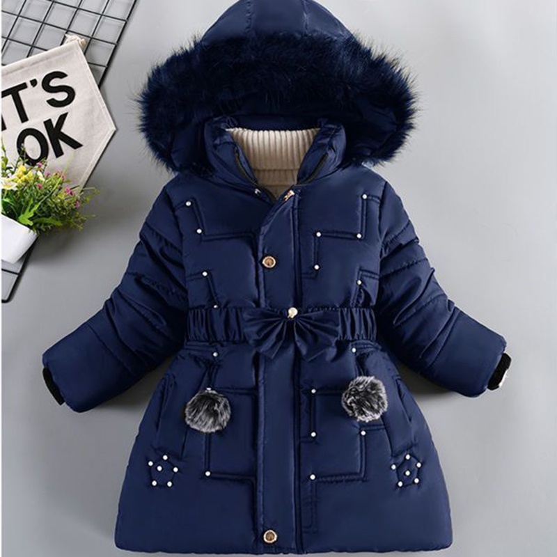 4-12 Years Winter Girls Coat Fur Collar Keep Warm Hooded Zipper