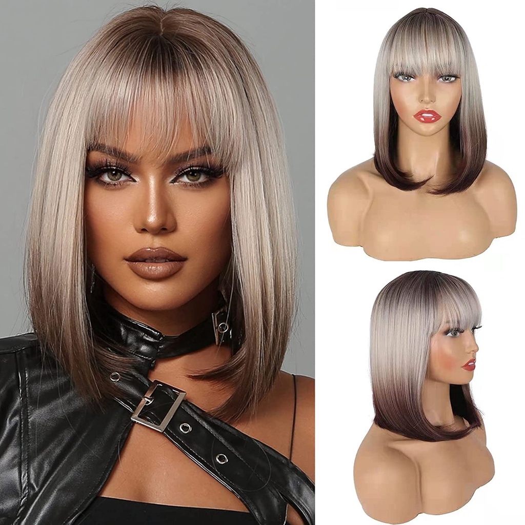 Short Straight Ombre Gray Bob Wig with Bangs Black Grad Grey Hair Heat  Resistant Synthetic Wig 14 Inch Costume Party Cosplay Wigs for Women