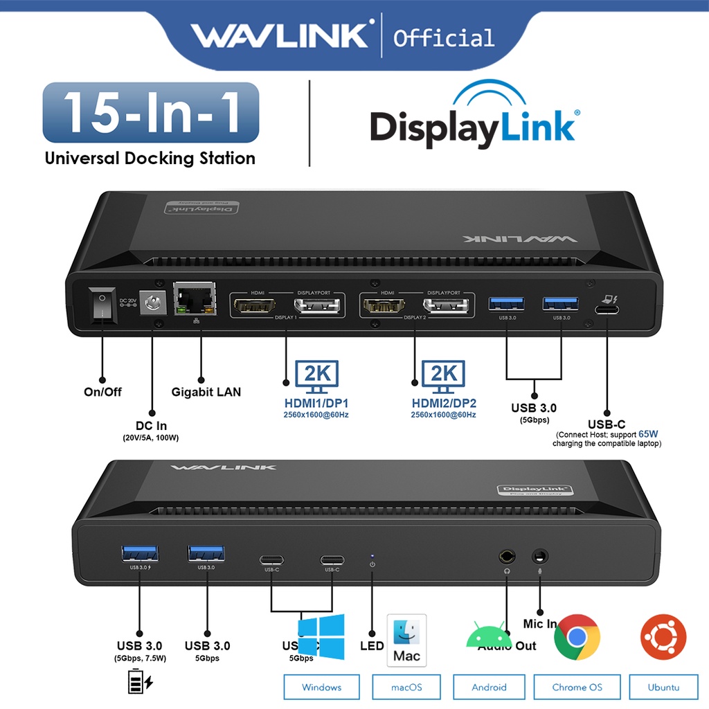 Wavlink Universal Docking Station With Displaylink Usb Laptop Dock Dual Monitors Pd65w Charging 6485