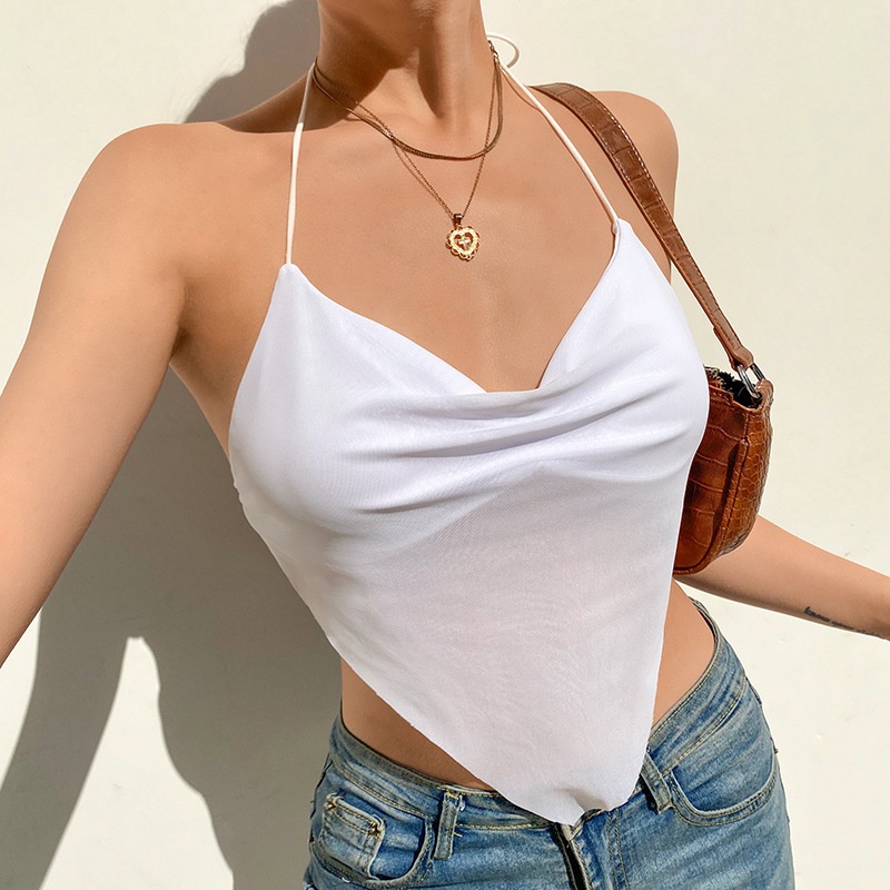 Sexy Transparent Mesh Halter Tank Top Camisole Women V-neck Backless Solid  Fashion Crop Tops