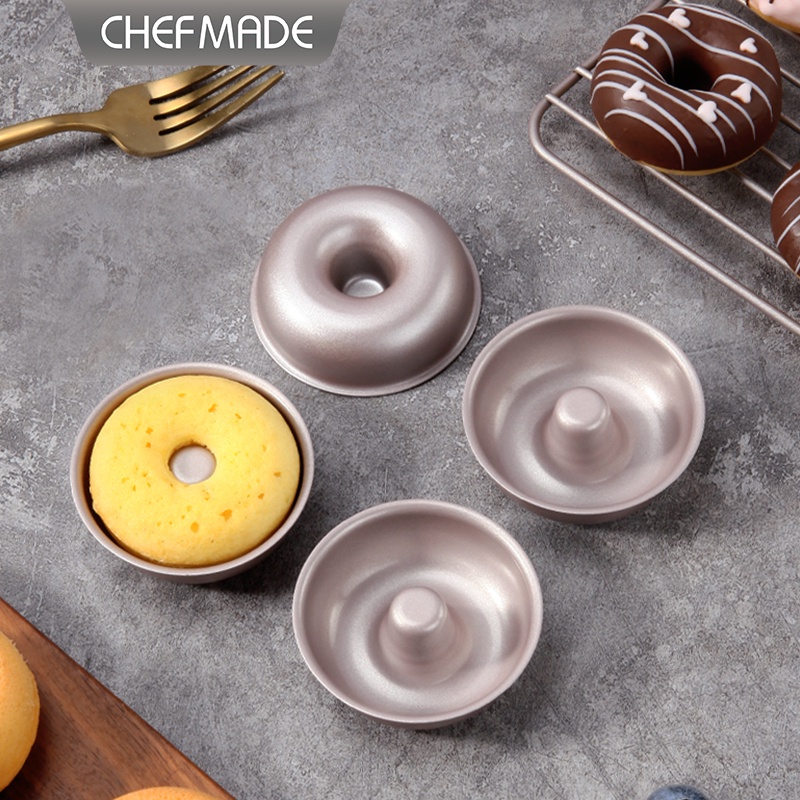 CHEFMADE Mini Donut Cake Pan Set, 3-Inch 4Pcs Non-Stick Ring