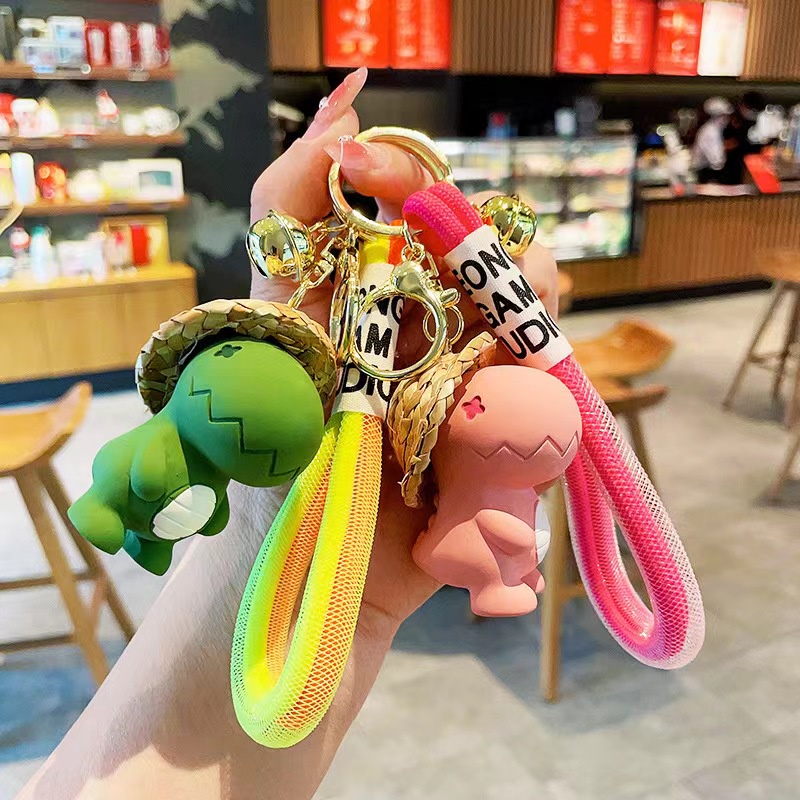 Cartoon Cute Straw Hat Dinosaur Doll Braided Rope Keychain Exquisite ...