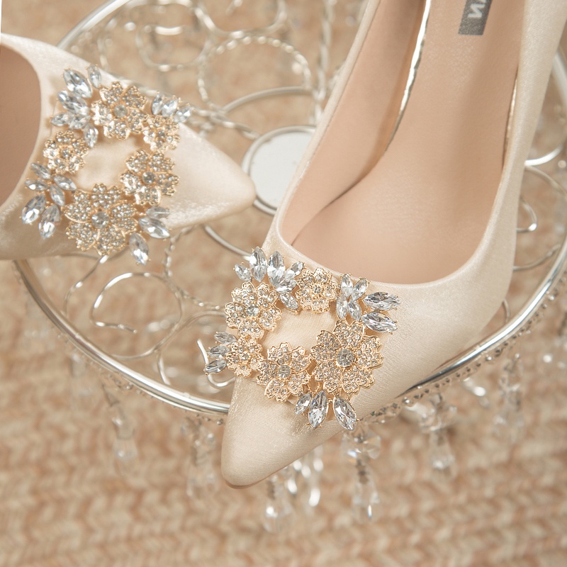 XXJCL · High-End Feel Satin Rhinestone Buckle Wedding Shoes!French Master  Bridal Shoes Champagne High Heel Photo Bridesmaid - Main Image