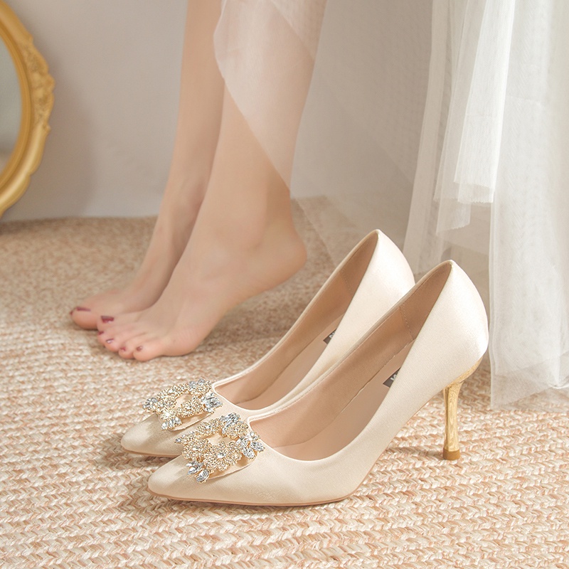 XXJCL  High-End Feel Satin Rhinestone Buckle Wedding Shoes!French Master Bridal  Shoes Champagne High Heel Photo Bridesmaid | Shopee Philippines