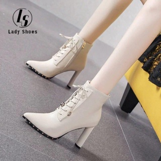 2023New High Heels Women's Thin Heel Pointed Lace Square Buckle