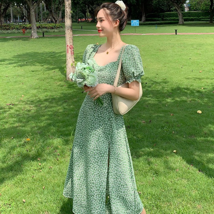 Floral Korean Women Ladies Slim Waist Short Puff Sleeve Summer Maxi ...