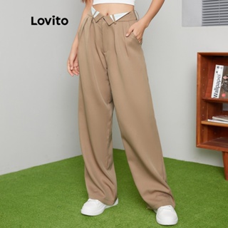 Lovito Casual Plain Colorblock Broad Leg Pants for Women L27AD138 (Khaki)