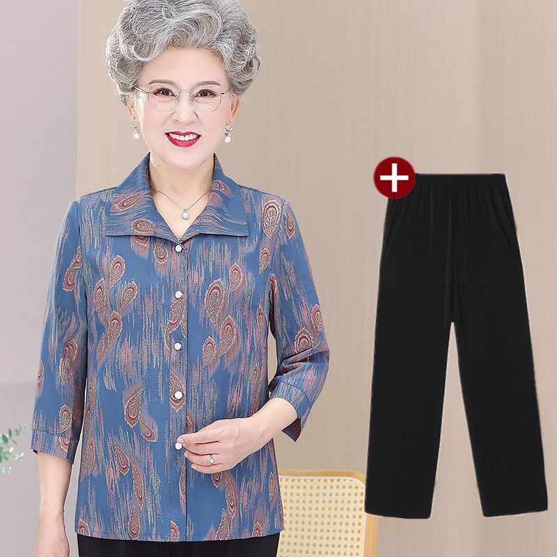 women suit Two PieceElderly summer dress blouse grandma suit 60 years