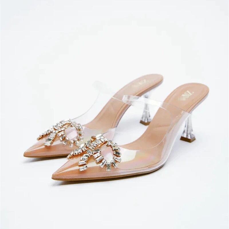 Zara s Women s Shoes Summer New Style Transparent Halter Heeled Baotou Bow Sandals Slippers Pointed Toe High Heel Rhinestone Sandals 202 Shopee Philippines