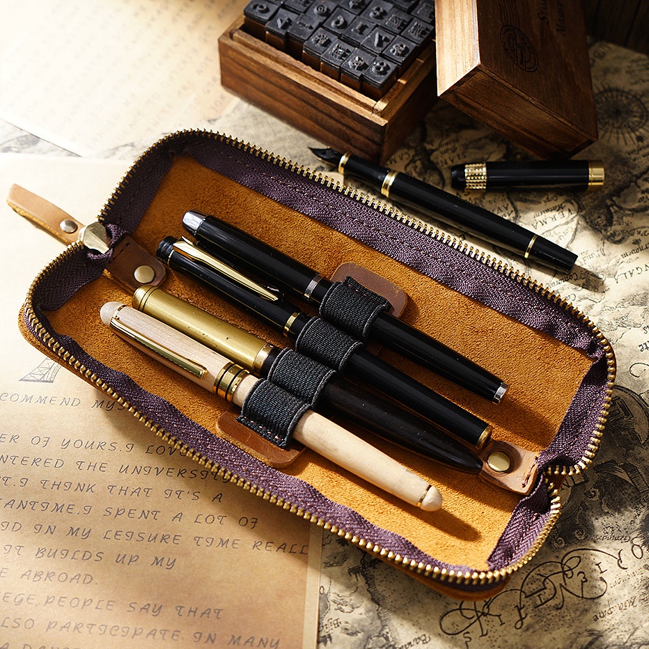 GENODERN Simple Cowhide Zipper Pencil Case Male Pen Protective Case ...