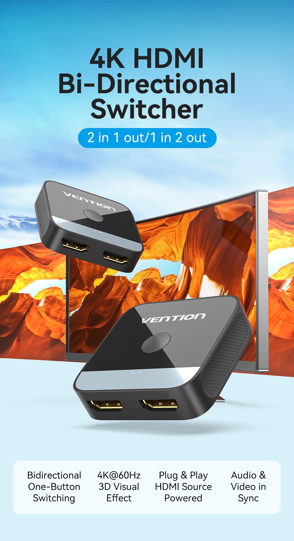 Vention HDMI Splitter 4K 60Hz HDMI 2.0 Switcher 1in 2out / 2in 1out for ...