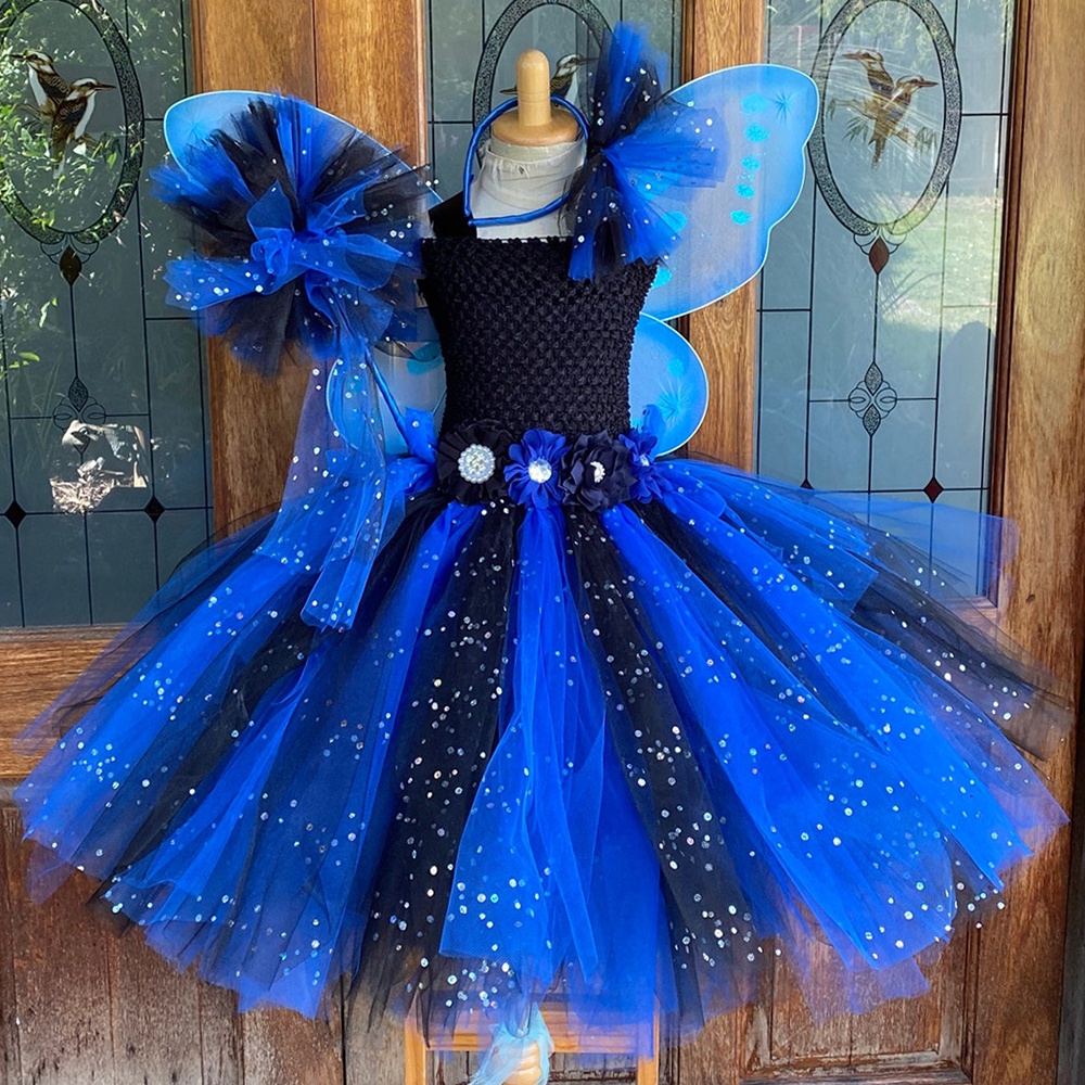 Girls Royal Blue Black Glitter Tutu Dress Kids Flower Fairy Dresses With Wing Stick Hairbow Children Birthday Halloween Party Costume Photography Dress Shopee Philippines