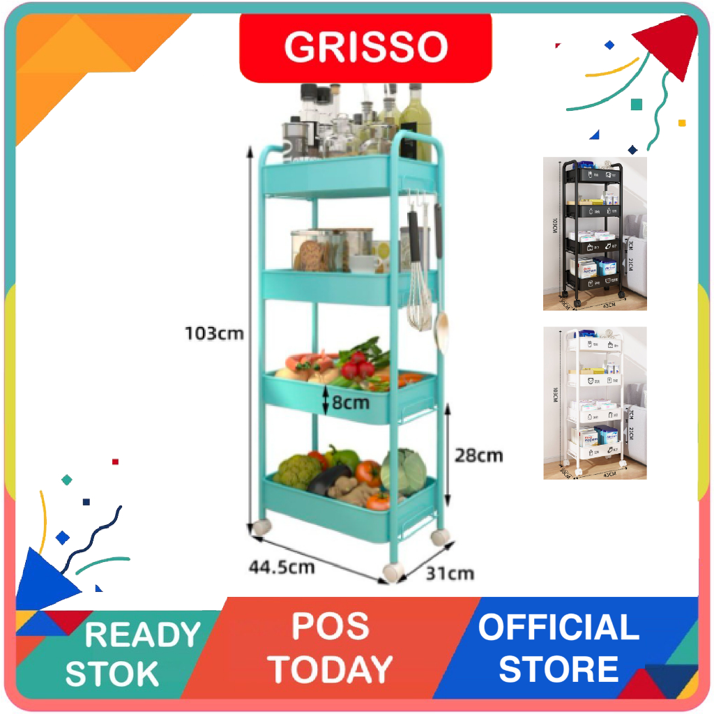 GRISSO 4 Tiers (FREE WHEELS) Movable Kitchen Rack Trolley Storage Spice ...