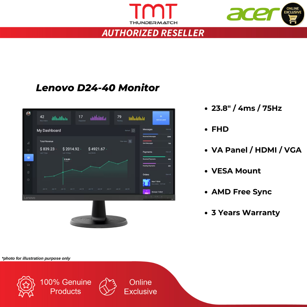 Lenovo D2440 Monitor (67A2KAC6MY)23.8" 4ms 75Hz FHD VA Panel