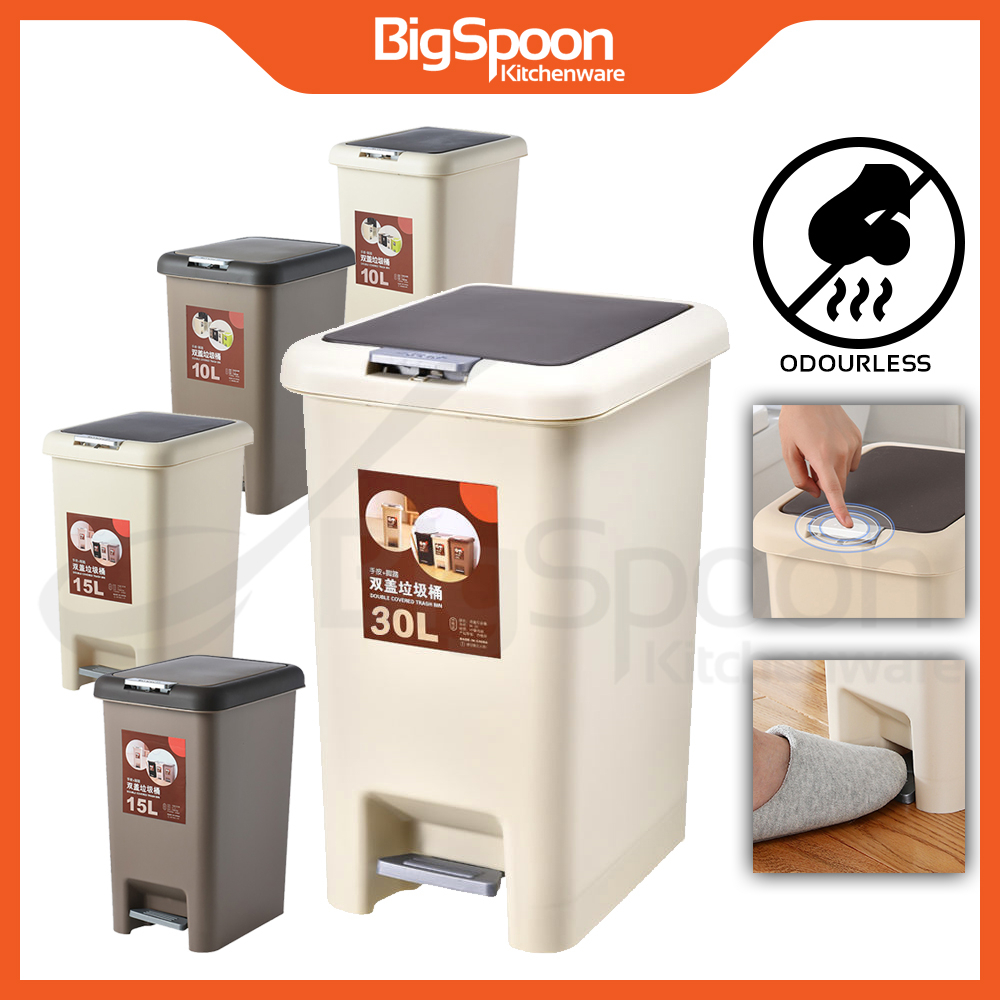 BIGSPOON Dual Pedal Dustbin with Lid Kitchen Rubbish Bin Trash Bin Tong ...