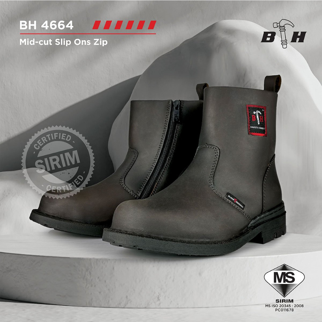 Black Hammer BH4664 Series Mid cut Slip on with Zip Safety Shoes BROWN