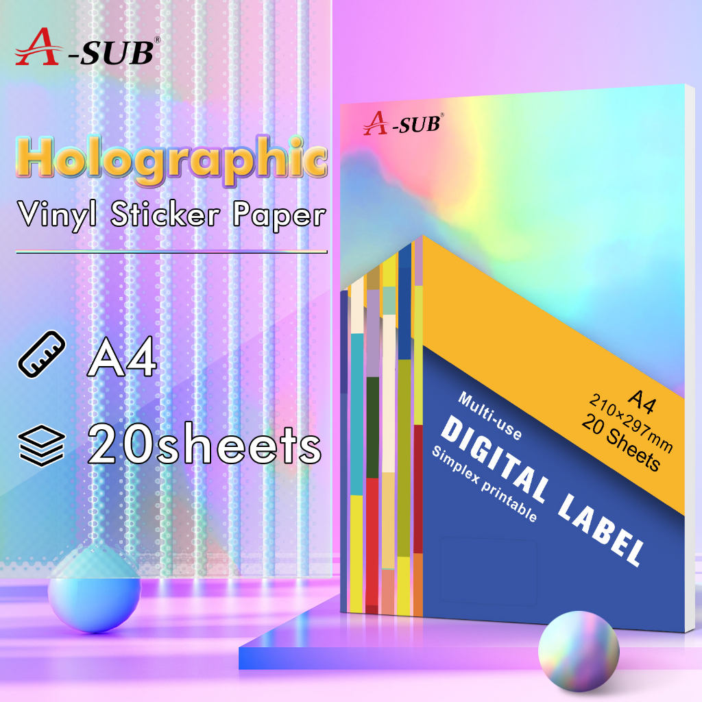 Asub Holographic Sticker Paper for Inkjet Printer 20 Sheets A4