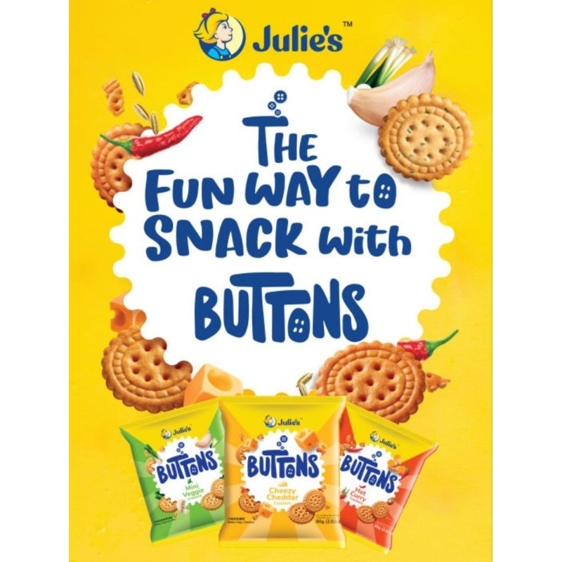 Julie's Button Crackers (80g) Hot Curry / Mini Veggie / Cheezy Cheddar ...