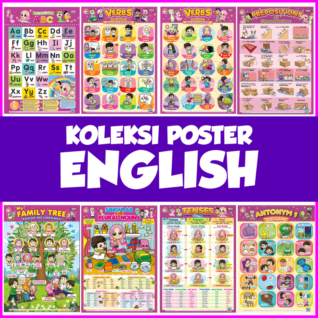 KOLEKSI LENGKAP POSTER ENGLISH ANA MUSLIM, ABC, VERBS, SINGULAR, PLURAL ...