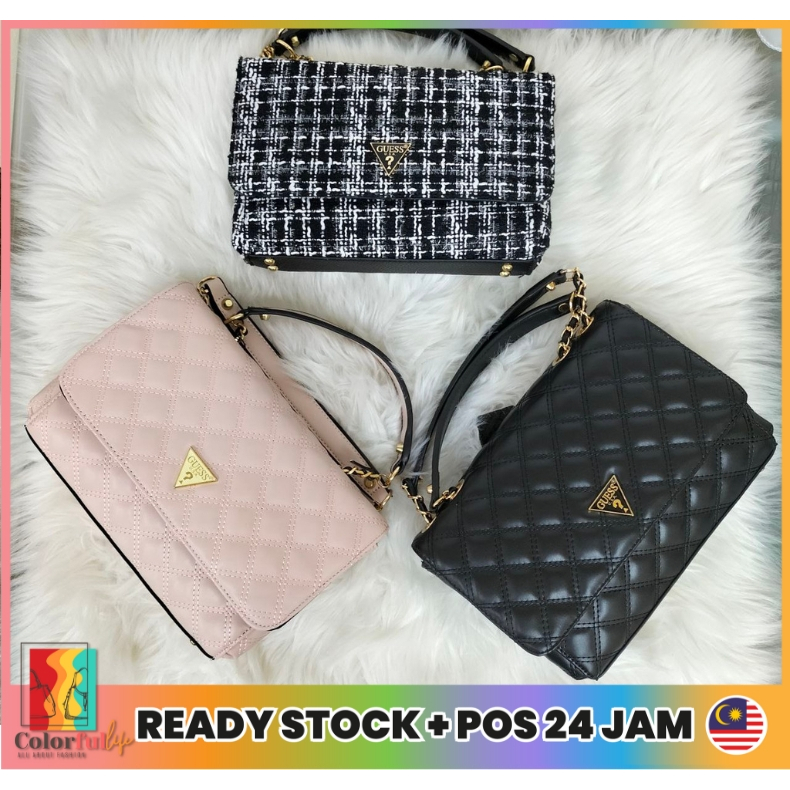 Guess Cessily Quilted Detailed Trendy Black CrossBody Sling Bag / Beg