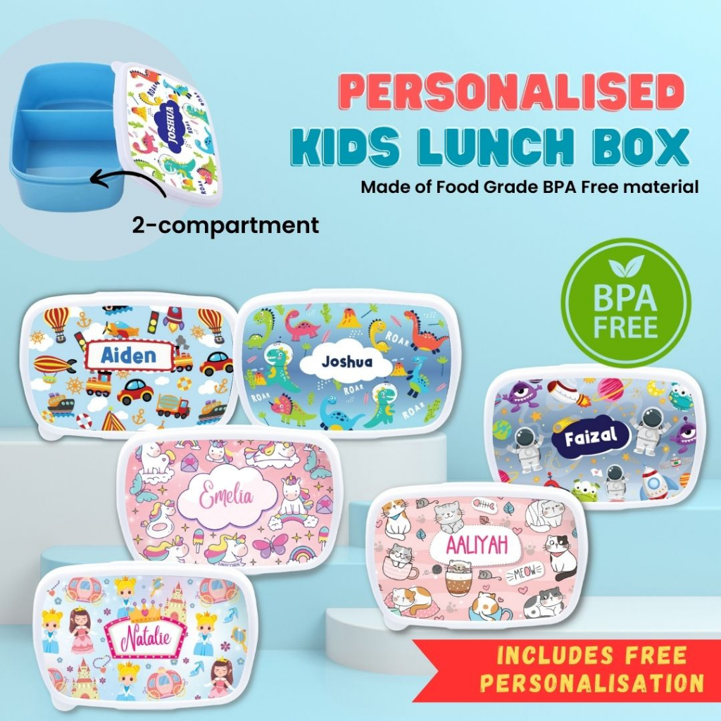 Kids Plastic Lunch Box with Personalised Name Bento Box Bekas Makanan