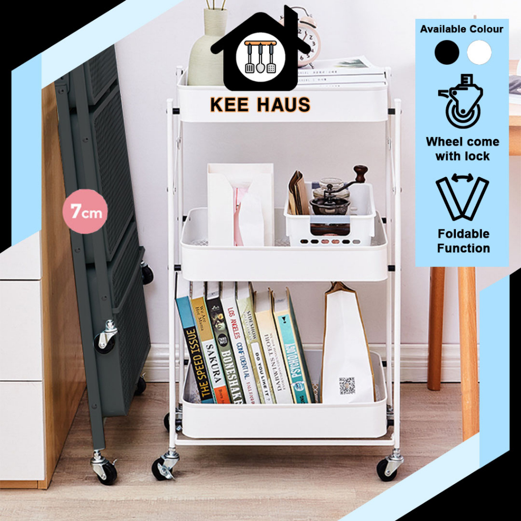 FOLDABLE TROLLEY RACK 3 TIER STORAGE RACK STEEL KITCHEN STORAGE TROLLEY ...