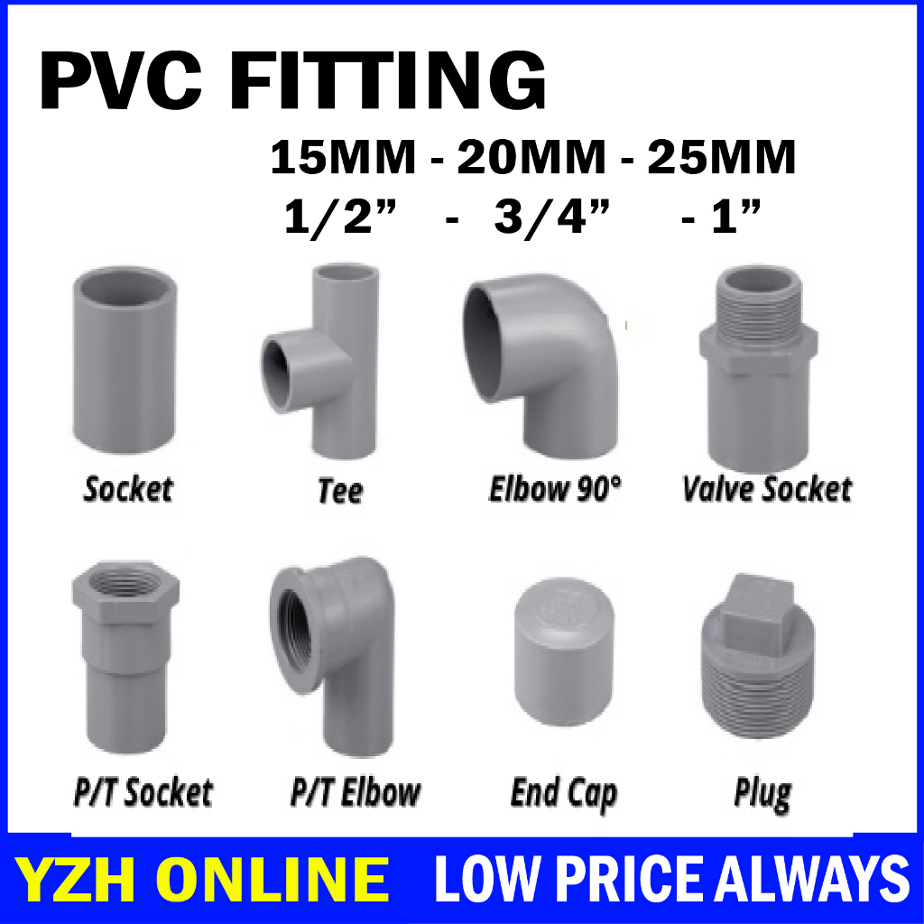 PVC Fitting 15/20/25mm elbow/tee/socket/valve/plug/endcap | Shopee ...