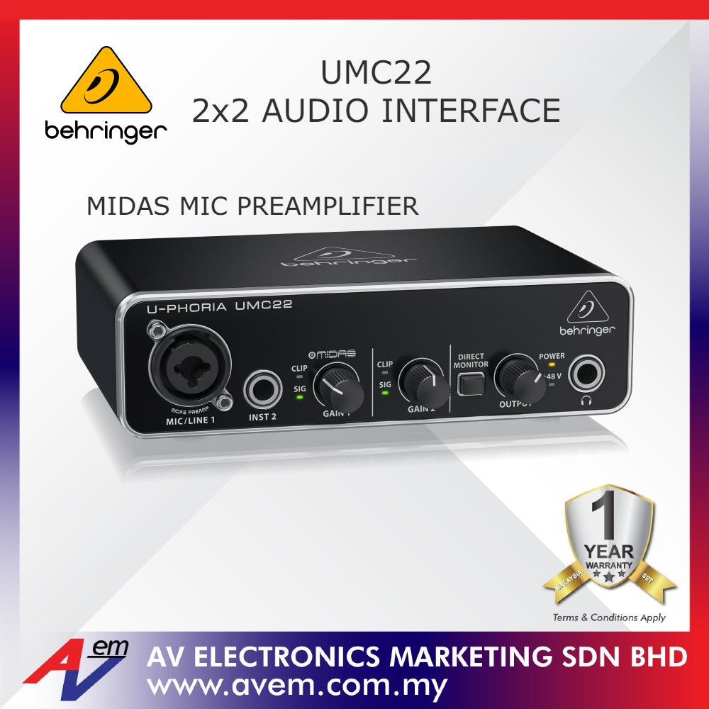 BEHRINGER UMC22 UMC-22 U-PHORIA Audiophile 2x2 USB Audio Interface with ...
