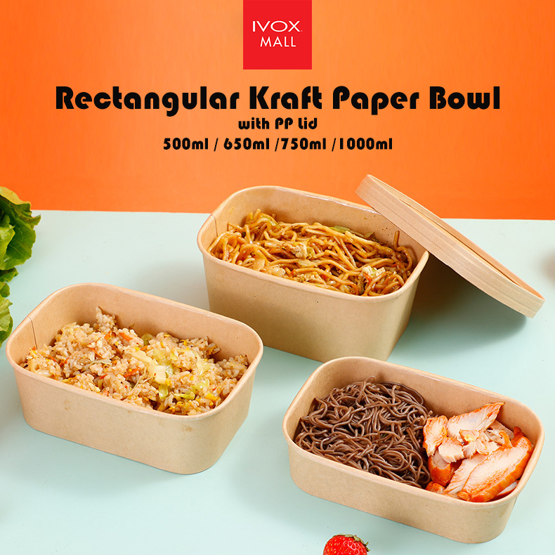 Rectangular Food Kraft Paper Bowl with PP Plastic Lid / Packaging ...